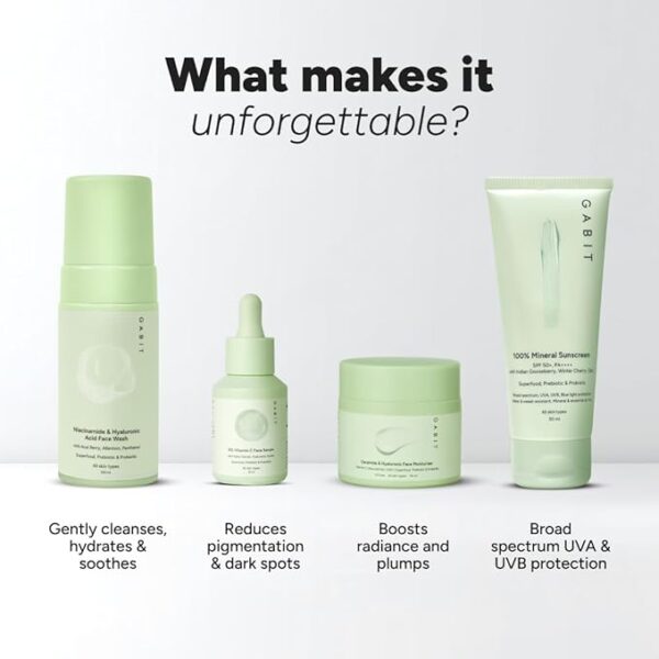 Gabit Skincare Gamechangers Kit | With Niacinamide & Hyaluronic Face Wash, 8% Vitamin C & Arbutin Serum, Ceramide & Hyaluronic Moisturizer, 100% Mineral Sunscreen | Men & Women, All Skin Types, 230ml - Image 2